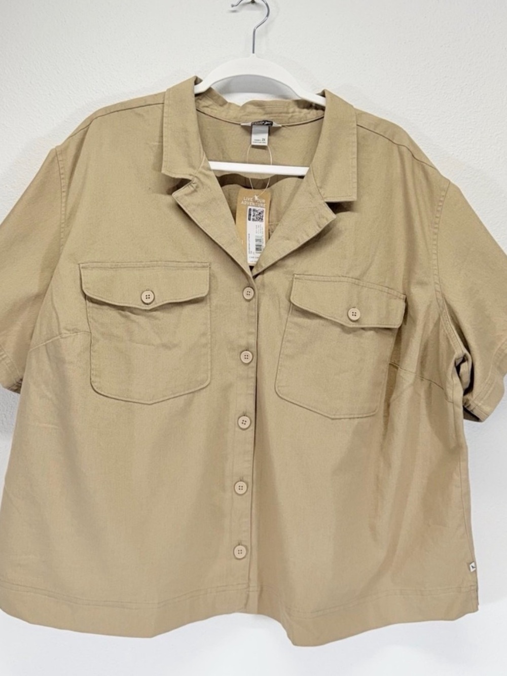 Eddie Bauer Short Sleeve Button-Up Boxy 100% Cotton Utility Camp Tan Shirt 2X